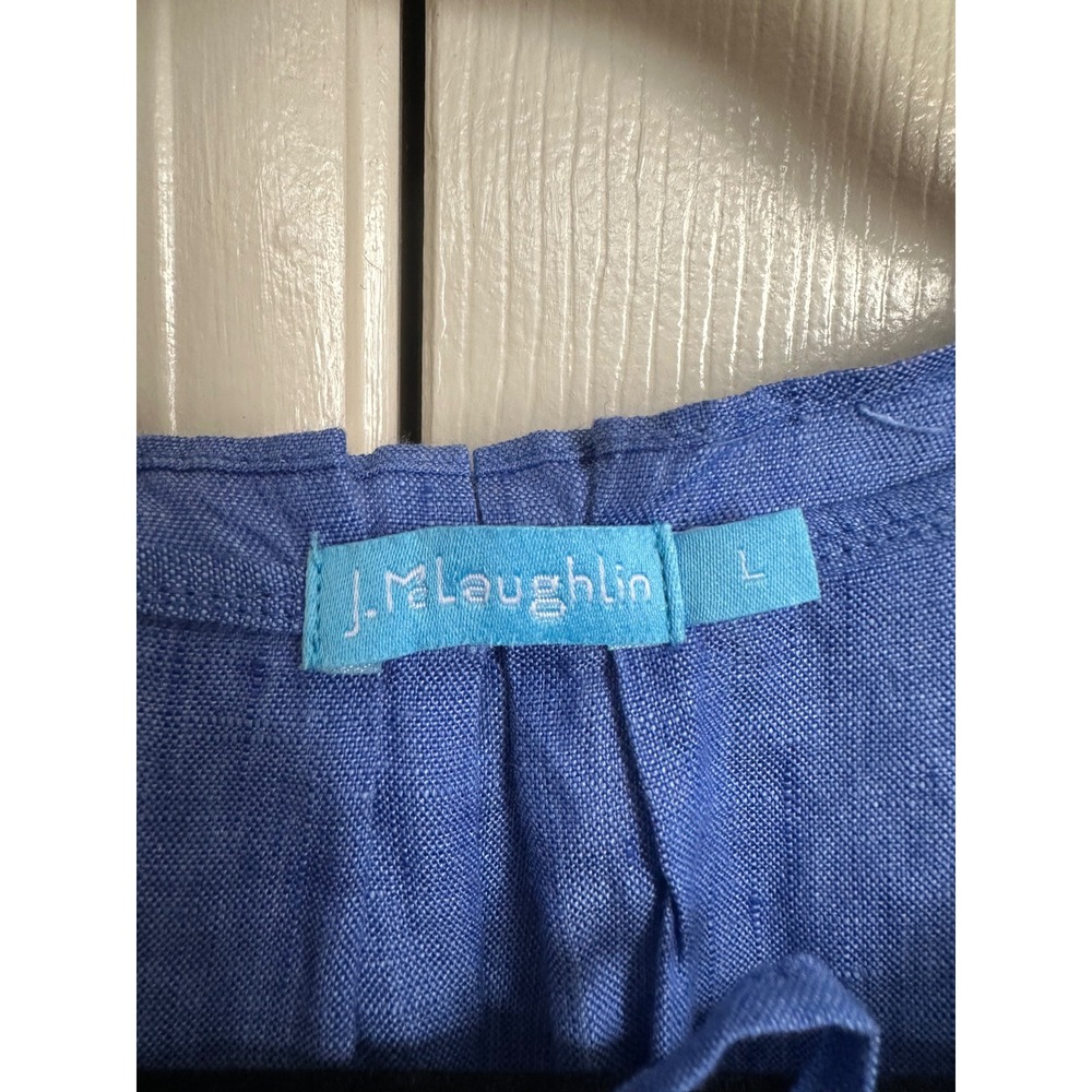 J.McLaughlin‎ Blue 100% Linen Sleeveless Tiered Tassel Tie Neck Midi Dress L - Picture 3 of 8